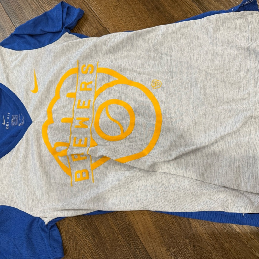 Nike Kids Brewers Gray and Blue Tee with Gold Logo